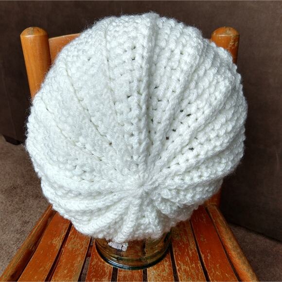 White Slouchy Hat with a Brim blue band crochet handmade OSFM ready to ship main image 4